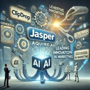 DALLE 2024-07-12 095227 - An illustration of Jasper acquiring Clipdrop leading innovation in generative AI marketing Show corporate branding of Jasper and Clipdrop marketing - innovaTopia