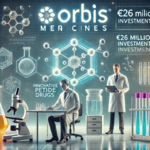 DALLE 2024-07-13 071947 - A laboratory scene with scientists working on innovative peptide drugs The background features the Orbis Medicines logo and symbols of medical innova - innovaTopia