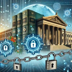 DALLE 2024-07-13 081024 - An illustration of a library and a museum with digital locks and chains symbolizing them as targets of cyber attacks in the digital war era The back - innovaTopia