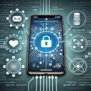 DALLE 2024-07-13 081030 - An illustration of an iPhone screen with secure messaging icons and quantum computing elements symbolizing Apples new PQ3 protocol to protect iMessa - innovaTopia