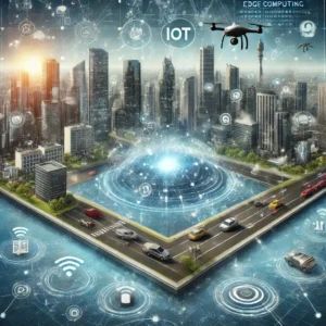 DALLE 2024-07-18 171012 - A futuristic cityscape showing the integration of edge computing and AI transforming the Internet of Things IoT with smart devices drones and aut - innovaTopia