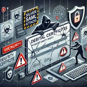 DALLE 2024-08-06 050119 - An illustration highlighting the Silver SAML attacks increasing security risks Show a digital certificate with cracks and warning symbols representi - innovaTopia