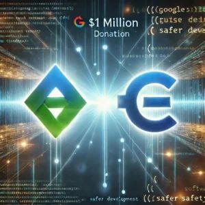 DALLE 2024-09-11 113615 - An image representing Googles million donation to bridge the gap between Rust and C++ for safer development The visual features the Rust and C++ - innovaTopia