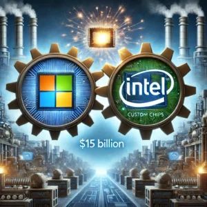 DALLE 2024-09-12 043656 - An illustration showing two tech giants Microsoft and Intel represented as two massive gears interlocking On the gears are circuits and custom chip - innovaTopia