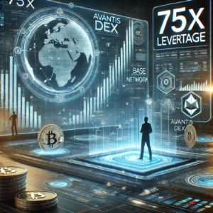 DALLE 2024-09-13 075909 - A futuristic cryptocurrency exchange scene showcasing the Avantis DEX platform The image features a dynamic chart with 75x leverage highlighted and - innovaTopia