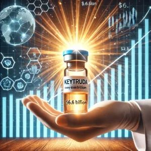 DALLE 2024-09-25 064139 - An illustration of a shining Keytruda vial held up by a doctors hand with rays of light emanating from it In the background a bar chart shows the - innovaTopia