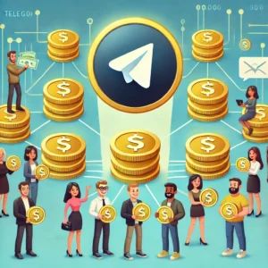 DALLE 2024-09-25 072222 - An illustration of the Telegram logo with golden coins surrounding it symbolizing the sharing of ad revenue with users Below the logo diverse group - innovaTopia