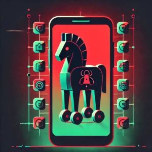 DALLE 2024-09-27 060540 - An image representing a mobile phone with a Trojan horse icon surrounded by app icons with a shadowy figure in the background indicating a hidden thr - innovaTopia