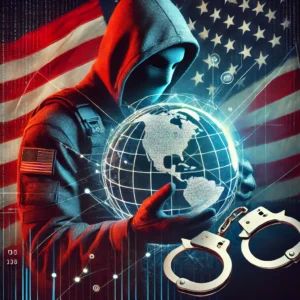 DALLE 2024-09-27 060544 - An image depicting a masked figure holding a globe with data symbols representing a cybercriminal targeting the United States The background should - innovaTopia