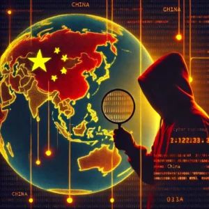 DALLE 2024-09-27 060601 - An image representing a shadowy figure with a magnifying glass looking at a world map indicating cyber espionage The map highlights China with digi - innovaTopia