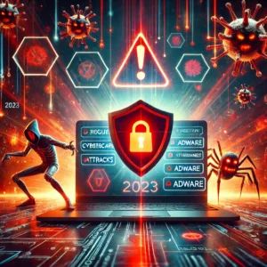 DALLE 2024-09-27 062718 - A dynamic and intense illustration showing the digital battle between cybersecurity and malware attacks in 2023 The scene features a laptop screen wi - innovaTopia