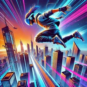 DALLE 2024-10-04 065947 - An action-packed illustration of the VR parkour game Stride_ Fates with its new mixed-reality and Quest 3 upgrades The image shows a player in mid- - innovaTopia