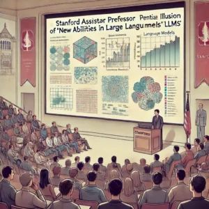 DALLE 2024-10-07 072242 - An academic illustration showing a Stanford assistant professor presenting their research on the potential illusion of new abilities in large langua - innovaTopia