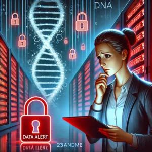 DALLE 2024-10-10 065459 - An illustration showing the aftermath of a data leak at a large genetics company like 23andMe In the foreground a worried executive is looking at a - innovaTopia