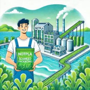 DALLE 2024-10-10 065505 - An eco-friendly and optimistic illustration depicting the use of seaweed-based packaging by Notpla In the foreground a worker is holding a seaweed-d - innovaTopia