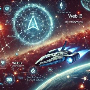 DALLE 2024-10-11 070904 - A futuristic image set in outer space depicting space travel and Web3 entertainment Show a sleek spaceship from the game Member 16 traveling throu - innovaTopia