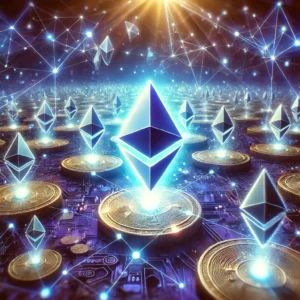 DALLE 2024-10-11 073026 - A dynamic digital illustration representing Eigen Labs raising 0 million for Ethereum restaking The image shows Ethereum tokens surrounded by glow - innovaTopia