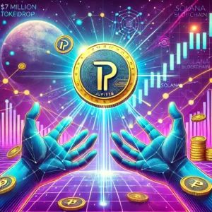 DALLE 2024-10-22 072636 - An illustration showing Jupiter conducting a million token airdrop on the Solana blockchain shaking the market In the foreground a large token w - innovaTopia