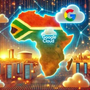 DALLE 2024-10-22 072648 - An illustration celebrating the opening of Africas first Google Cloud region in Johannesburg The foreground shows a digital map of Africa with a Goo - innovaTopia