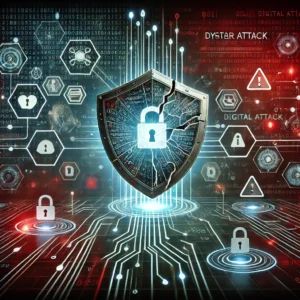 DALLE 2024-10-22 075538 - A digital illustration representing a high-stakes cyber attack involving complex digital warfare The image shows a cracked digital shield surrounded - innovaTopia