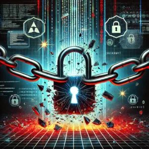 DALLE 2024-10-22 075540 - A digital illustration of the takedown of the LockBit ransomware network by the NCA The image features a broken chain with a large lock symbol in the - innovaTopia