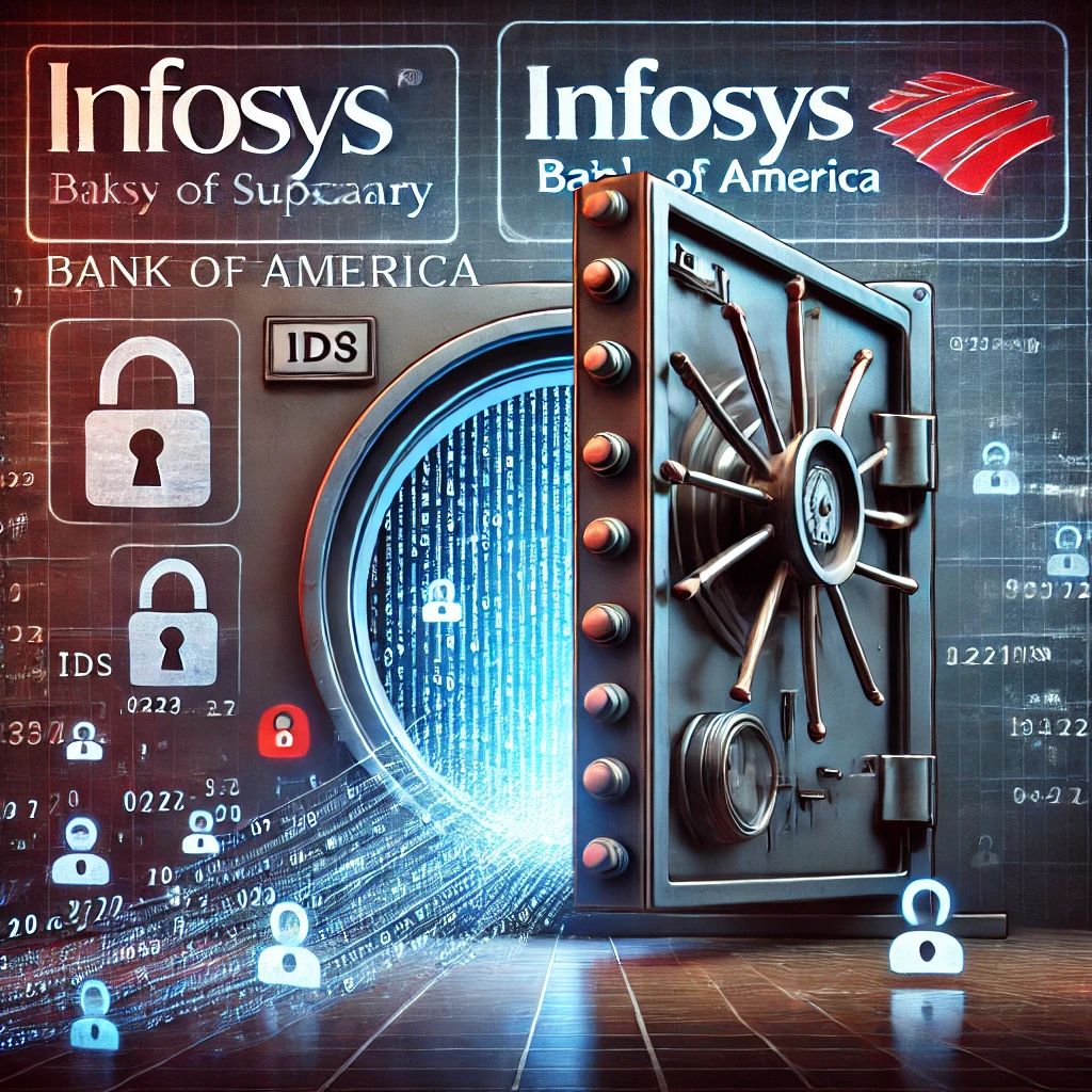 DALLE 2024-10-22 075558 - A digital illustration representing a major data breach involving Infosys subsidiary and Bank of America The image shows a vault door broken open wi - innovaTopia