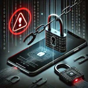 DALLE 2024-10-23 142044 - A detailed illustration highlighting the vulnerability in Apples Shortcuts app with a digital lock being picked by hacker tools The iPhone with the - innovaTopia