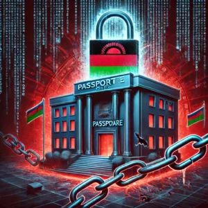 DALLE 2024-10-23 142046 - A striking illustration showing the impact of a ransomware attack on the Malawian government with a dark frozen passport office at the center A dig - innovaTopia