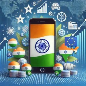 DALLE 2024-11-09 005954 - Illustration of the Indian market with an iPhone surrounded by icons of economic growth with the Indian flag subtly in the background The image show - innovaTopia