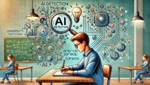 DALLE 2025-01-16 163318 - A thought-provoking illustration highlighting the challenges of AI detection software in university education Show a student writing or creating on a - innovaTopia