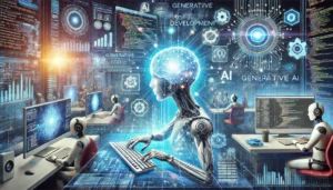 DALLE 2025-01-16 165327 - A futuristic and compelling illustration showcasing generative AI transforming the future of software development Depict a vibrant scene of an AI-pow - innovaTopia