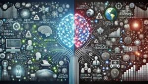 DALLE 2025-01-16 180802 - A futuristic and thought-provoking illustration showcasing the duality of deep learnings potential for innovation and challenges Depict a glowing ne - innovaTopia