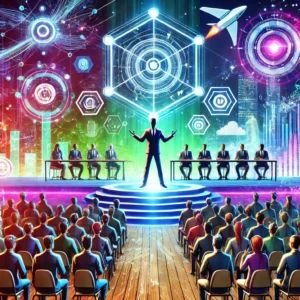 DALLE 2025-01-22 103855 - A dynamic illustration depicting a futuristic and vibrant gaming industry conference A central stage with a charismatic leader addressing an audience - innovaTopia