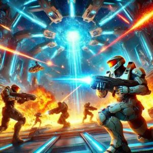 DALLE 2025-01-24 121625 - A thrilling and action-packed illustration of a VR game titled Hubris featuring space marines battling in a futuristic arena The scene highlights - innovaTopia