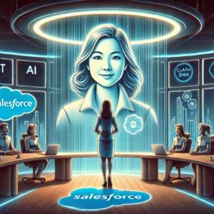 DALLE 2025-01-26 062036 - An illustration depicting Salesforces appointment of Clara Shih as the first AI officer The scene features a futuristic AI-themed office with Clara - innovaTopia