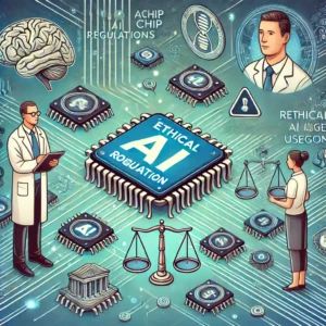 DALLE 2025-01-27 132949 - An illustration visualizing AI chip regulation proposals featuring researchers discussing ethical AI usage The image includes futuristic chips data - innovaTopia