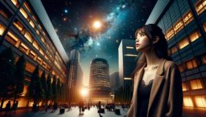 DALLE 2024-03-30 082842 - Transform the scene into one where a modern Japanese young woman is looking up at the night sky filled with countless stars and the sun creating a s - innovaTopia