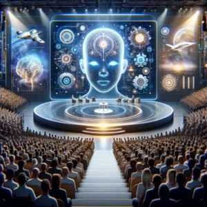 DALLE 2024-05-02 171705 - An illustration depicting the anticipation and potential impact of Apples AI strategy announcement at WWDC 2024 The image shows a futuristic stage w - innovaTopia