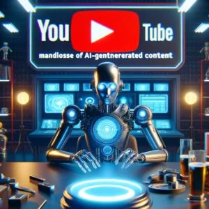 DALLE 2024-06-10 044744 - YouTube introduces new tool mandating disclosure of AI-generated content The scene features the YouTube logo AI-generated content tags and a futuri - innovaTopia