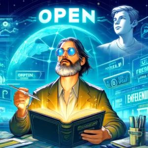 DALLE 2024-06-11 045538 - An illustration featuring the author of Ready Player One unveiling a new metaverse called Open Highlight futuristic gaming experiences and virtua - innovaTopia