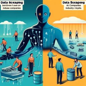 DALLE 2024-06-11 053024 - An illustration depicting the issue of data scraping between AI companies causing industry ripples Highlight data scraping AI companies and the con - innovaTopia