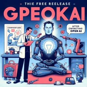 DALLE 2024-06-11 053028 - An illustration showing Teslas CEO announcing the free release of their AI Grok after criticizing OpenAI Highlight the CEO Grok AI and elements - innovaTopia