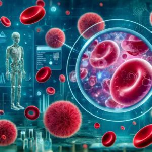 DALLE 2024-06-11 122910 - Illustration showing red blood cells being studied by AI with microscopic imagery of cells and futuristic AI interfaces The scene is set in a high-t - innovaTopia