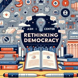 DALLE 2024-06-11 125909 - Illustration of Ash Centers 12 innovative essays rethinking democracy with elements representing democracy and innovation The scene includes books - innovaTopia