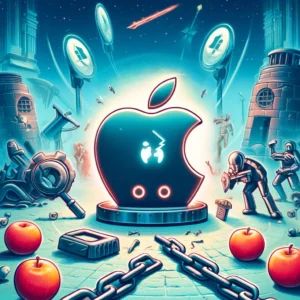 DALLE 2024-06-11 125914 - Illustration depicting Apples monopoly issues showing elements of competition and innovation being hindered The scene includes Apple logos broken - innovaTopia