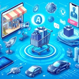 DALLE 2024-06-11 125931 - Illustration showing the future of e-commerce with technology trends from AI to AR The scene includes online shopping augmented reality interfaces - innovaTopia