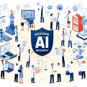 DALLE 2024-06-11 125949 - Illustration of 23 researchers advocating for the protection of safe harbor to preserve the freedom of AI research The scene includes symbols of AI - innovaTopia