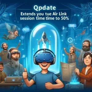 DALLE 2024-06-12 160118 - An illustration of Metas Quest update extending Air Link session time by 50 showing happy VR users and a futuristic VR interface - innovaTopia