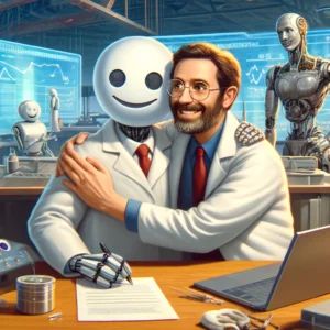 DALLE 2024-06-12 162343 - A collaborative scene featuring Hugging Face and a former Tesla scientist working together on a new robotics project with robots and advanced technol - innovaTopia