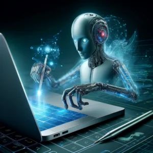 DALLE 2024-06-12 162354 - A futuristic illustration of the Apple M3 MacBook Air excelling in AI tasks showing a sleek laptop performing advanced AI computations - innovaTopia